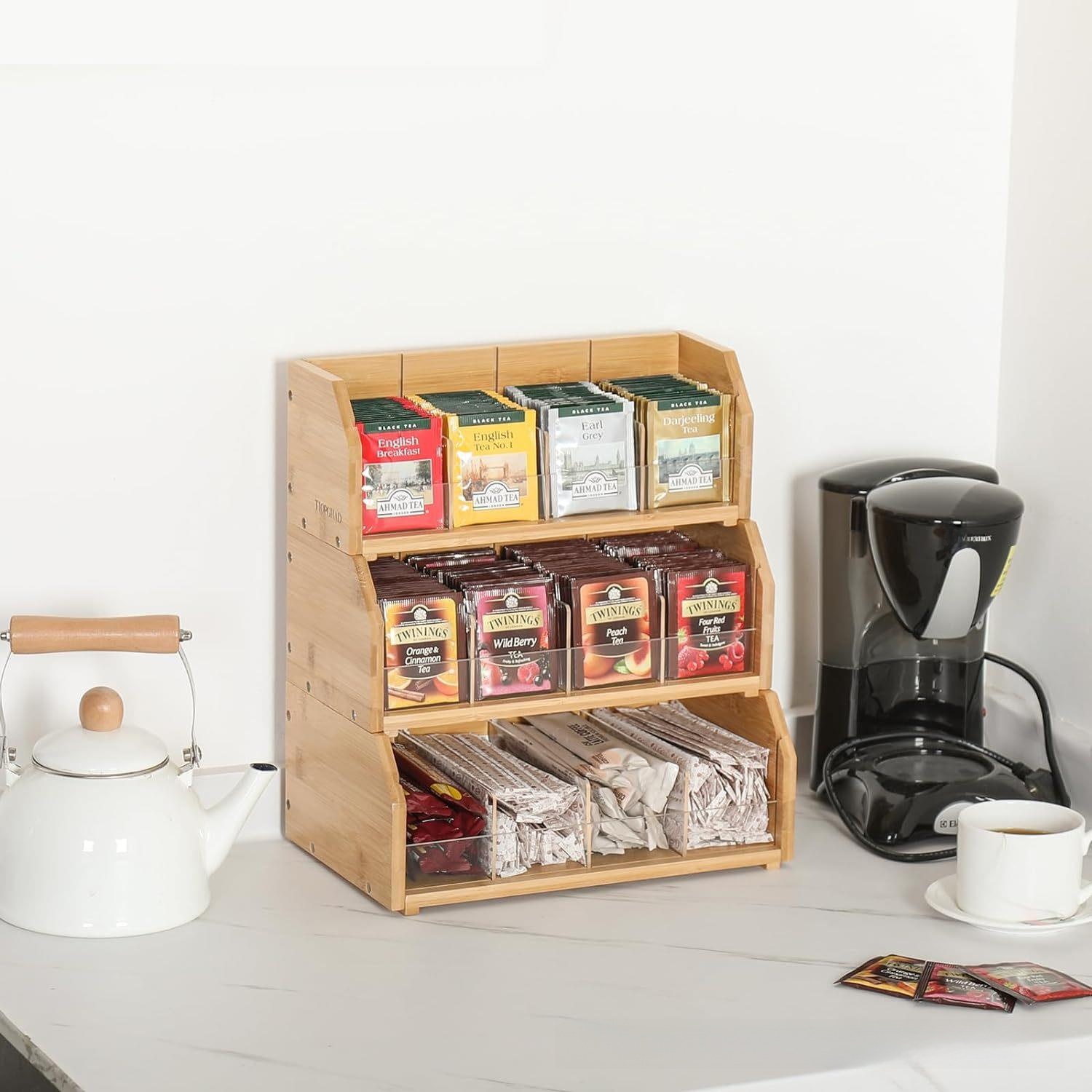 Coffee Tea Room - Bambus Teebeutel-Aufbewahrungsbox Dreischichtiges Kaffeetüten-Präsentationsregal Kaffeestation Teeraum